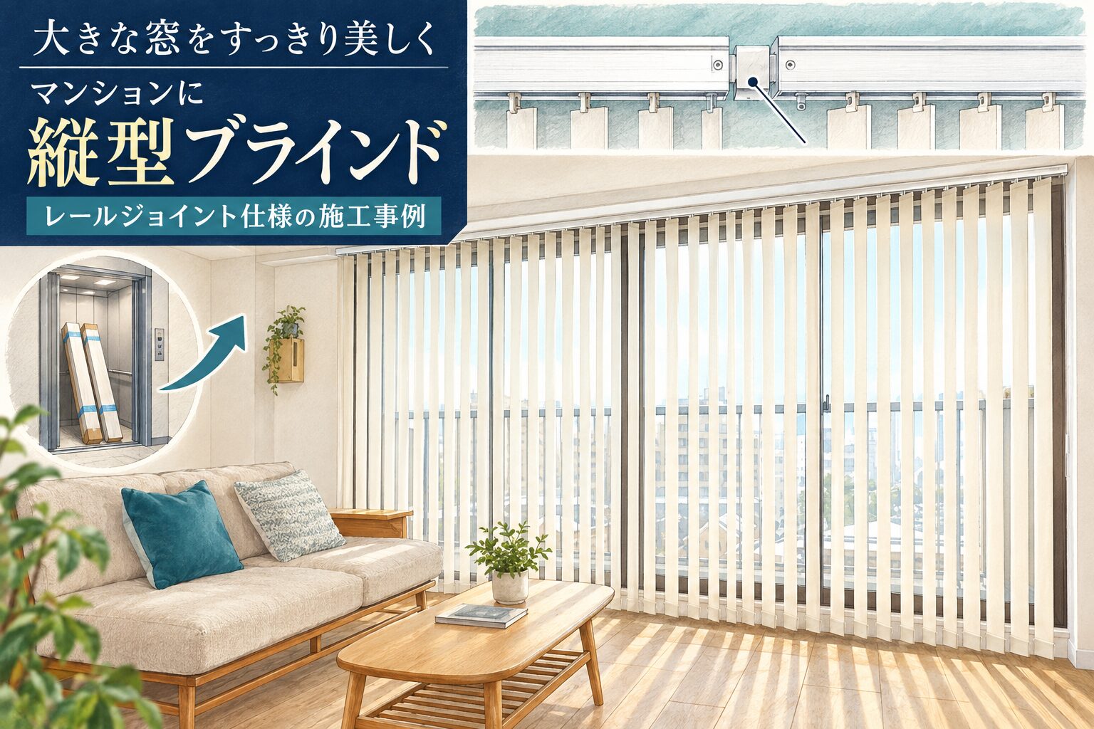 マンションの大きな窓に設置した縦型ブラインドとレールジョイント仕様
