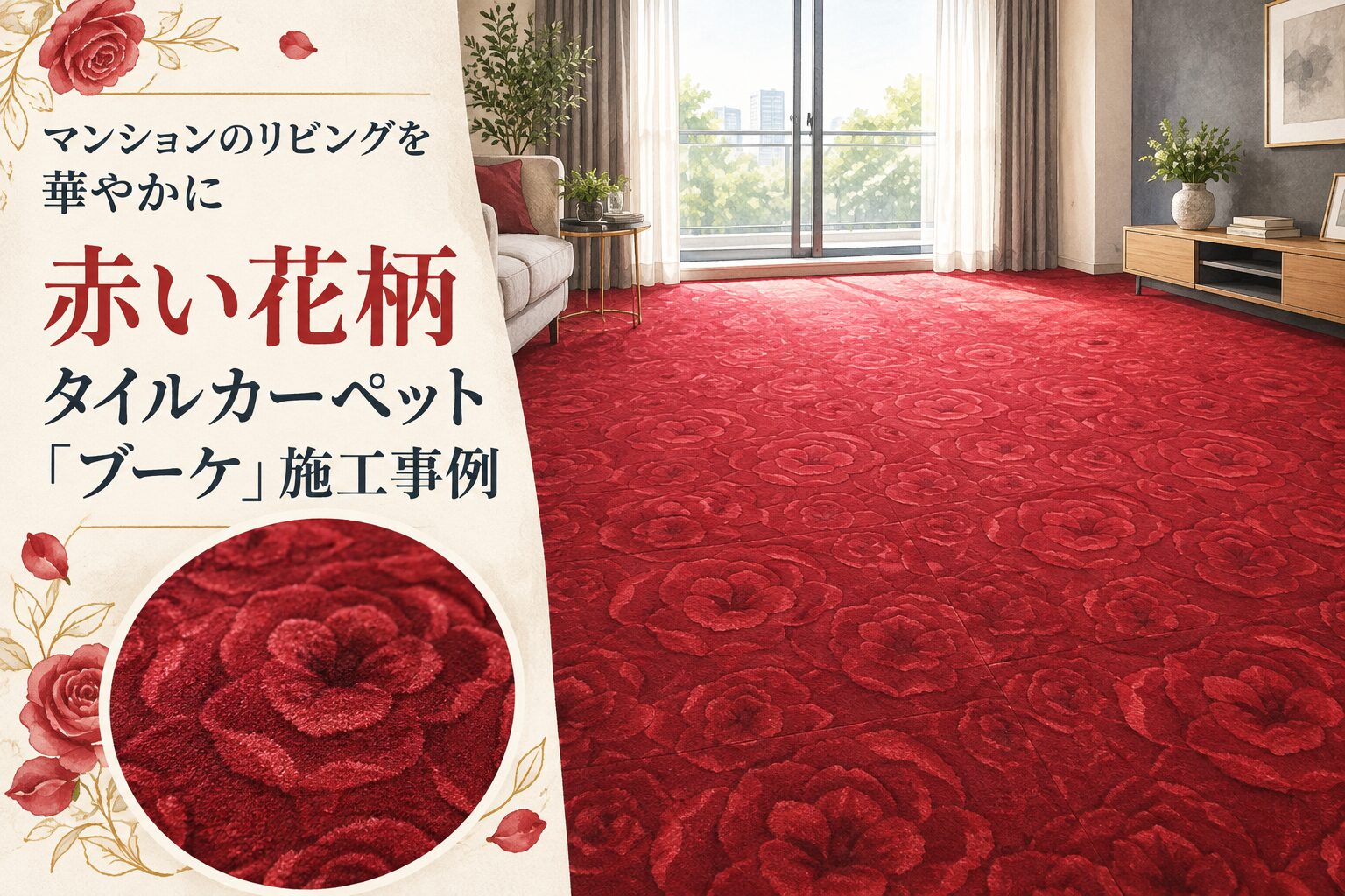 赤い花柄のタイルカーペット『ブーケ』を施工したマンションのリビング