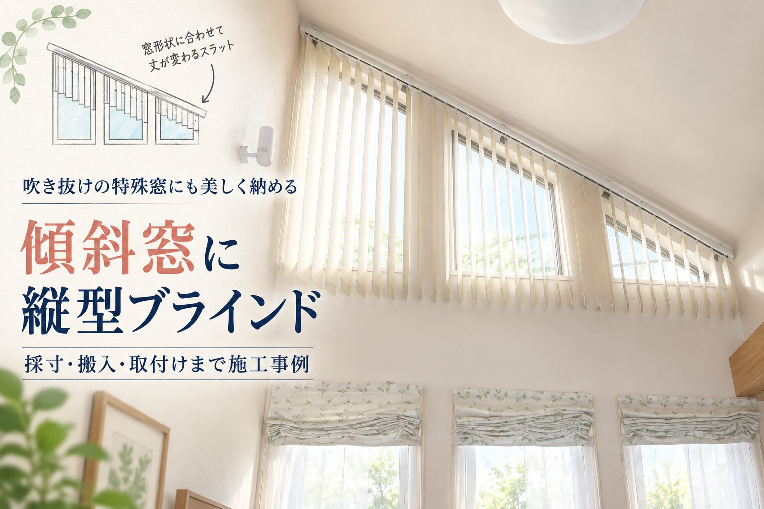 吹き抜けの傾斜窓に設置した縦型ブラインドのアイキャッチ