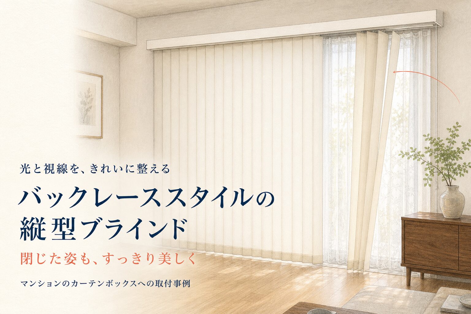 バックレーススタイルの縦型ブラインド|マンションのカーテンボックスへの取付事例