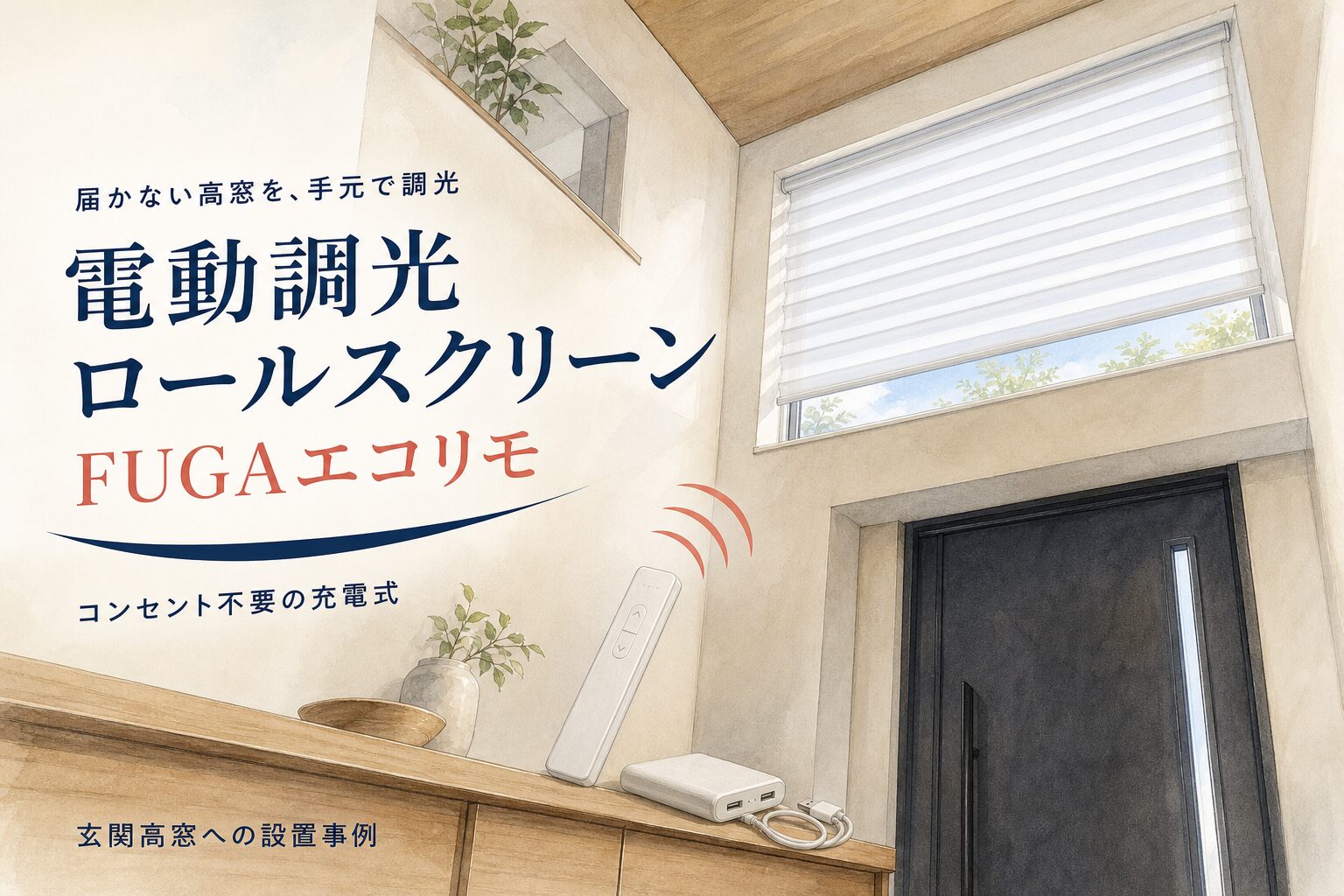 電動調光ロールスクリーンFUGAエコリモを玄関高窓へ設置した事例