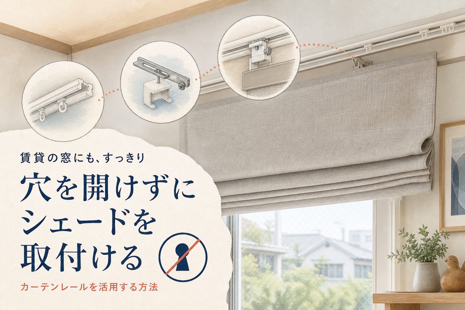 穴を開けずにカーテンレールを活用してシェードを取り付ける方法