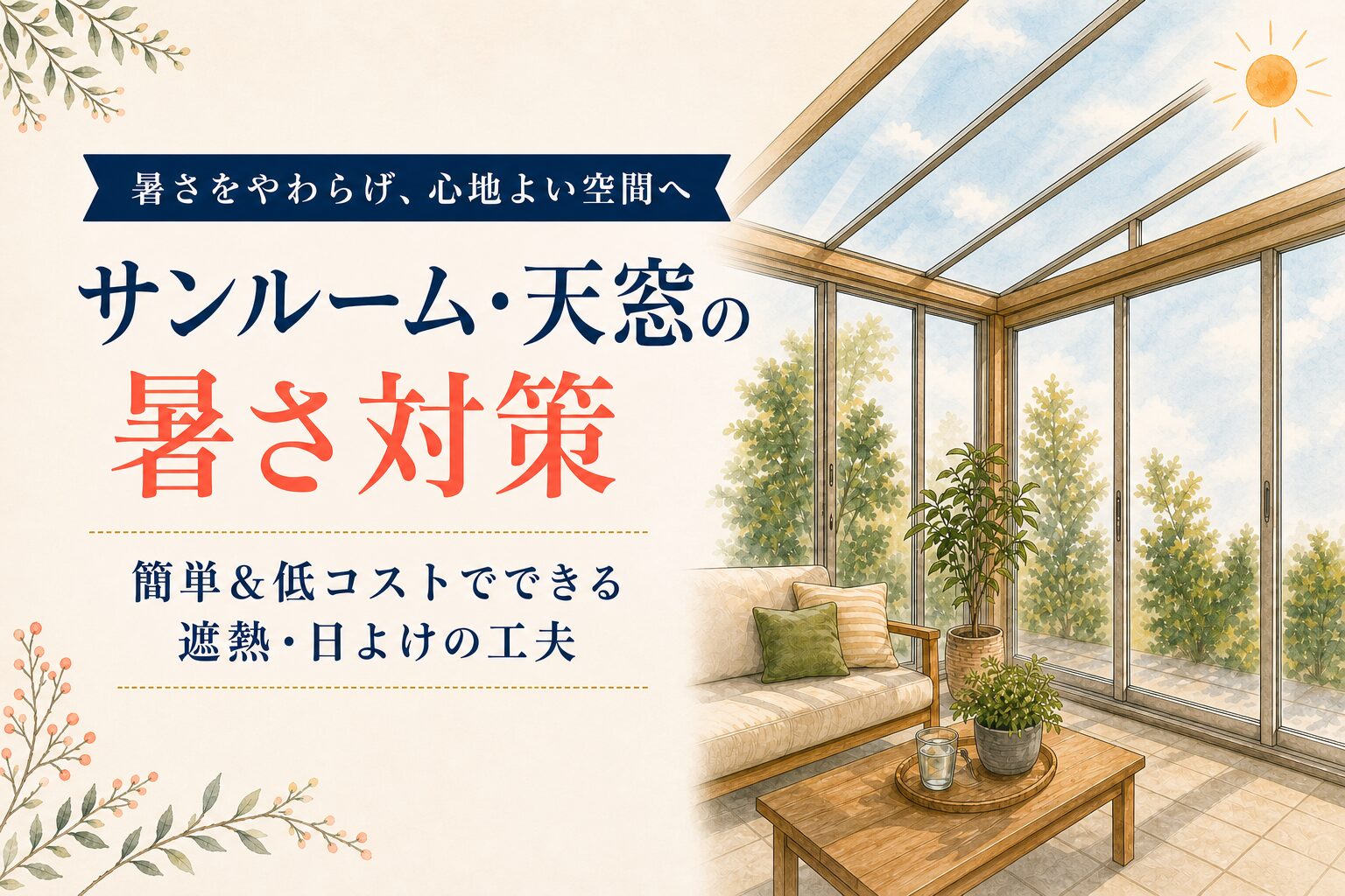 サンルーム・天窓の暑さ対策を紹介するアイキャッチイラスト