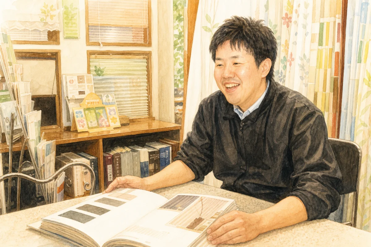 店内で施工資料をご案内する担当の金子