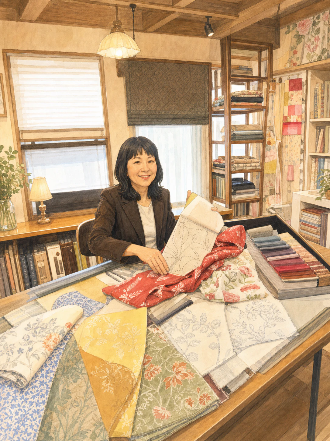 店内でカーテン生地をご案内する店長の毛利